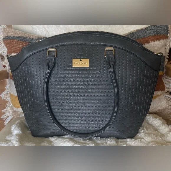 Kate Spade New York Quilted Leather Satchel Gray Large Top Handle Bag Gold HW - Picture 2 of 11